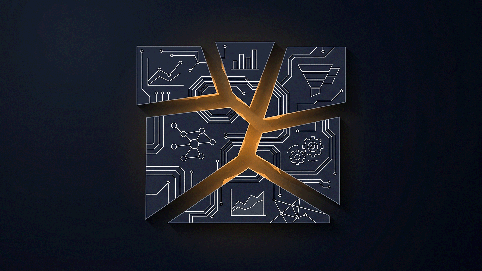 Abstract illustration of a fractured growth engine splitting into disconnected pieces against a dark navy background, with amber light glowing through the cracks between fragments — each piece containing faint data visualizations like bar charts, funnels, and node graphs — representing the hidden cost of fragmented startup growth systems.