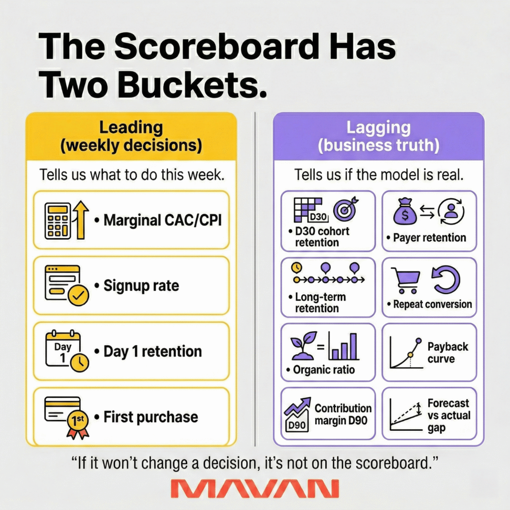 Two-column infographic defining Leading indicators (weekly decisions) and Lagging indicators (business truth), listing 4 leading metrics and 8 lagging metrics with simple icons.