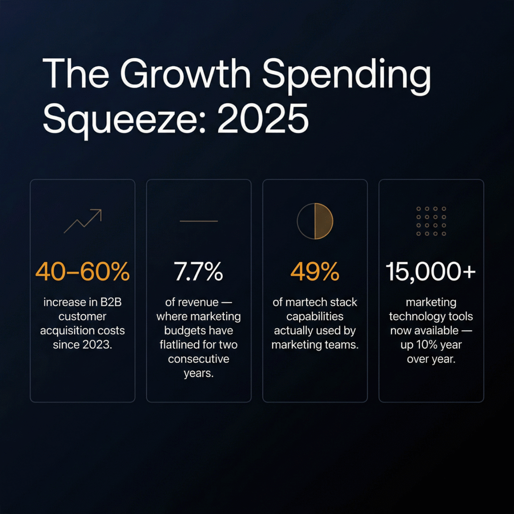 Data infographic showing four key statistics about startup growth spending in 2025 — B2B customer acquisition costs up 40 to 60 percent since 2023, marketing budgets flat at 7.7 percent of revenue, only 49 percent of martech stack capabilities being used, and over 15,000 marketing technology tools now on the market — displayed as bold numbers with amber and white typography on a dark navy background.