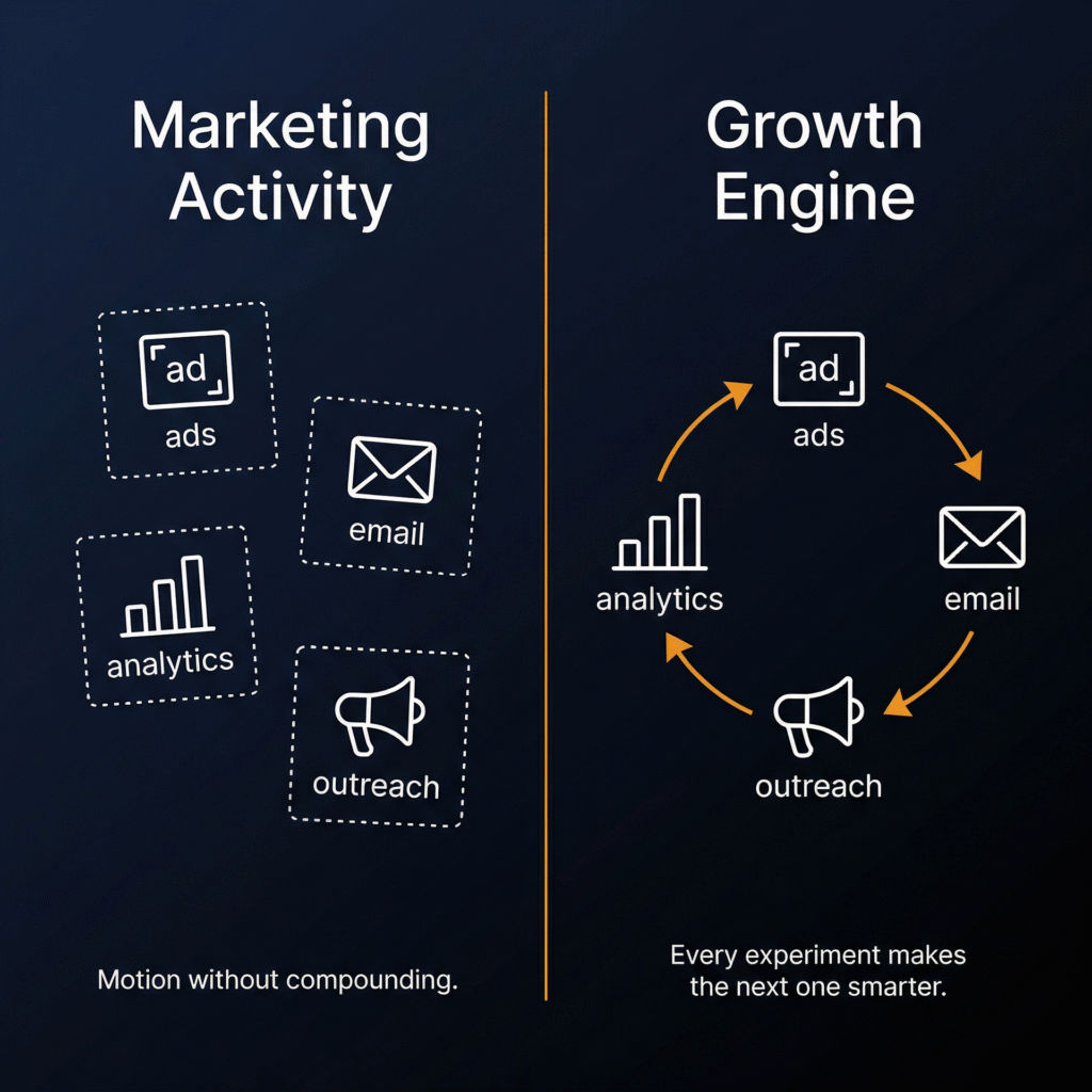 Side-by-side comparison infographic contrasting marketing activity with a true growth engine — the left side shows four disconnected icons for ads, email, analytics, and outreach floating in isolation, labeled motion without compounding, while the right side shows the same four elements connected in a continuous amber loop where acquisition feeds activation feeds product data feeds lifecycle and back again, labeled every experiment makes the next one smarter — on a dark navy background.