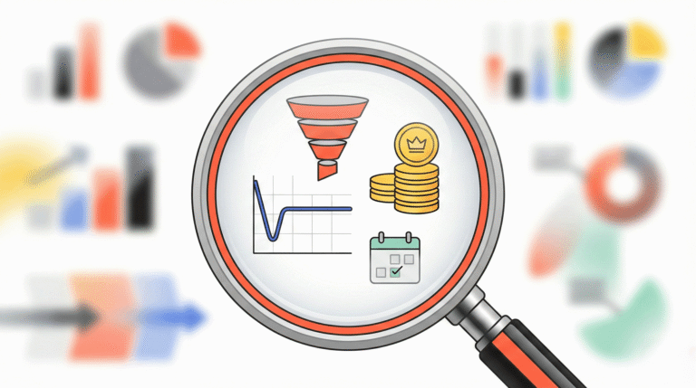 Illustration of LTV:CAC diagnosis: magnifying glass reveals activation, retention, revenue per user, and payback time.