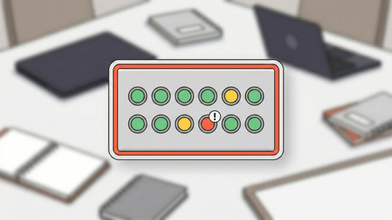 Minimal scoreboard panel with 12 colored indicator lights (mostly green, some yellow, one red) signifying the 12 metrics of a board-ready scoreboard. Background is a blurred boardroom table.