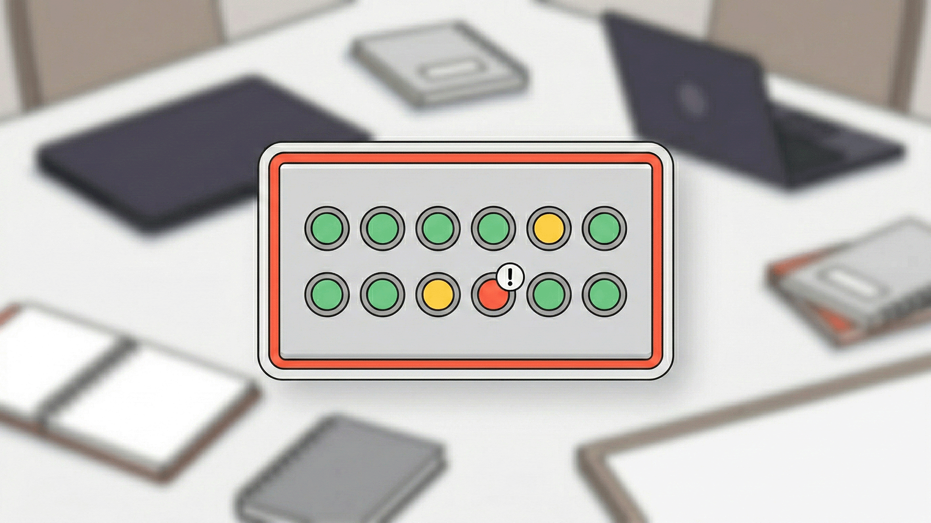 Minimal scoreboard panel with 12 colored indicator lights (mostly green, some yellow, one red) signifying the 12 metrics of a board-ready scoreboard. Background is a blurred boardroom table.