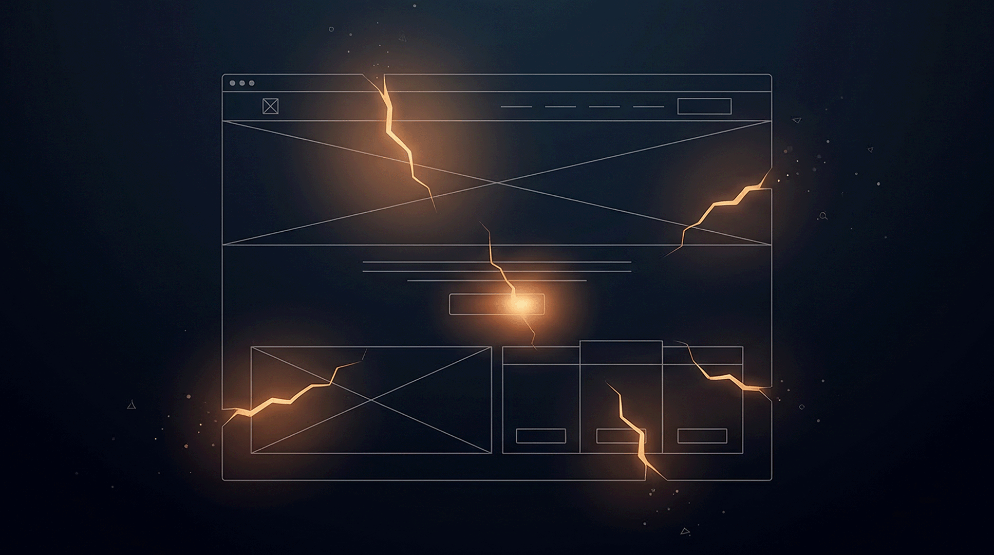 Abstract illustration of a website wireframe on a dark background with glowing amber light leaking through hairline fractures, representing hidden trust leaks that suppress conversion on growth-stage websites.