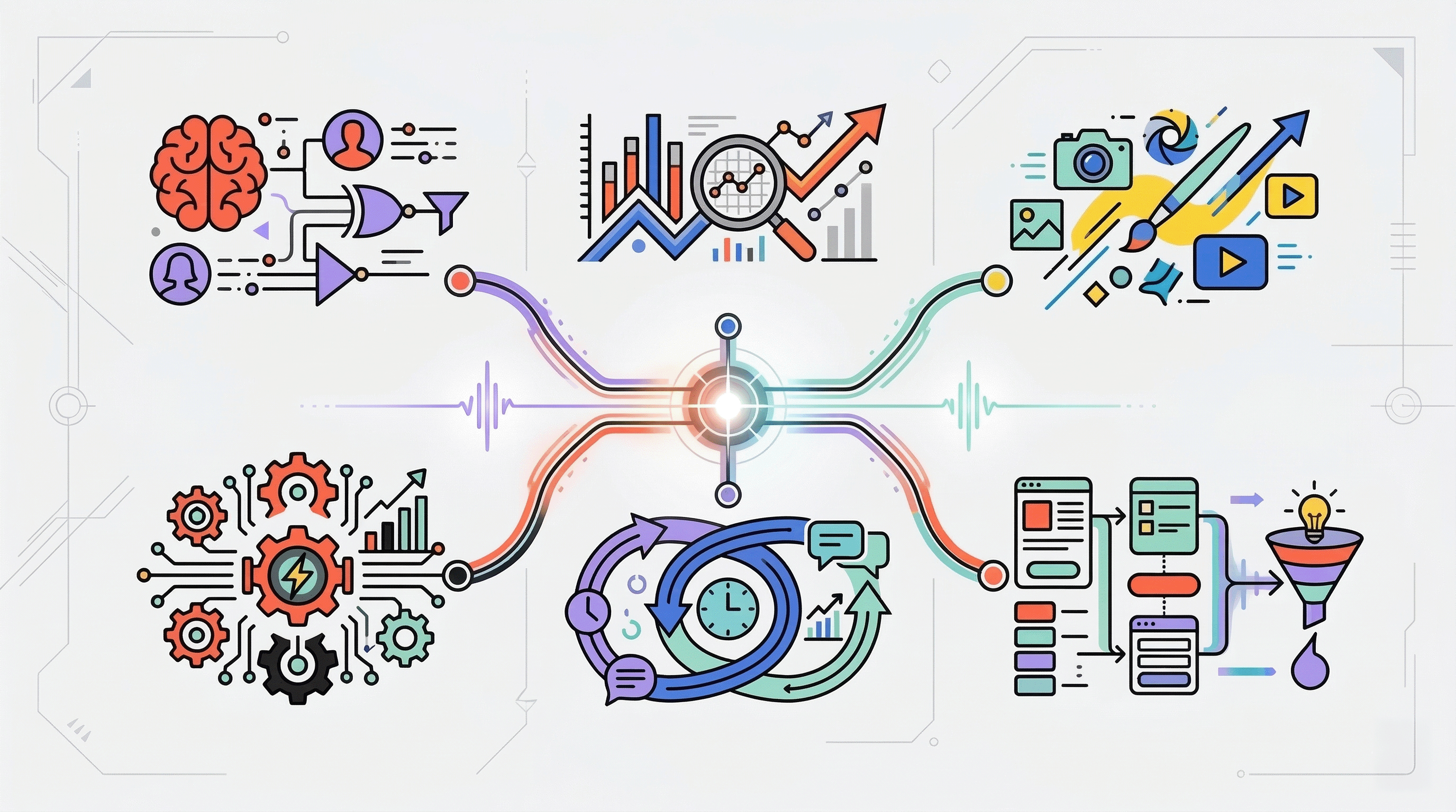 Abstract illustration of an acquisition architecture system, with connected nodes and pathways on a dark background and a glowing orange signal moving through the network.