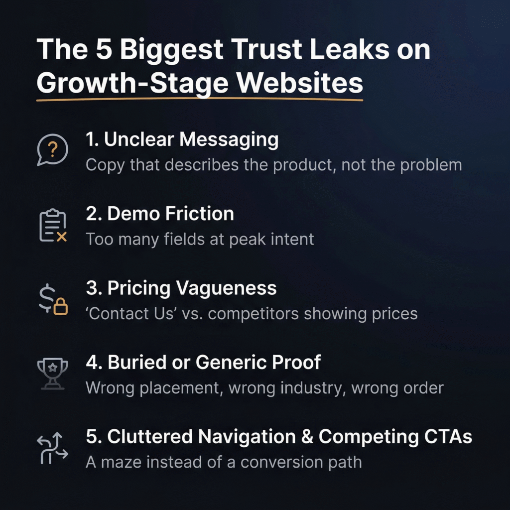 Infographic listing the five biggest trust leaks on growth-stage websites: unclear messaging, demo friction, pricing vagueness, buried or generic proof, and cluttered navigation with competing CTAs — each with a brief descriptor on a dark background.