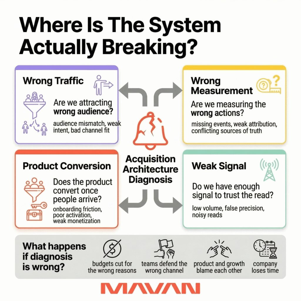 Infographic showing an acquisition diagnosis map with four possible causes of growth problems: wrong traffic, wrong measurement, product conversion issues, and weak signal quality, plus the downstream consequences of misdiagnosis.