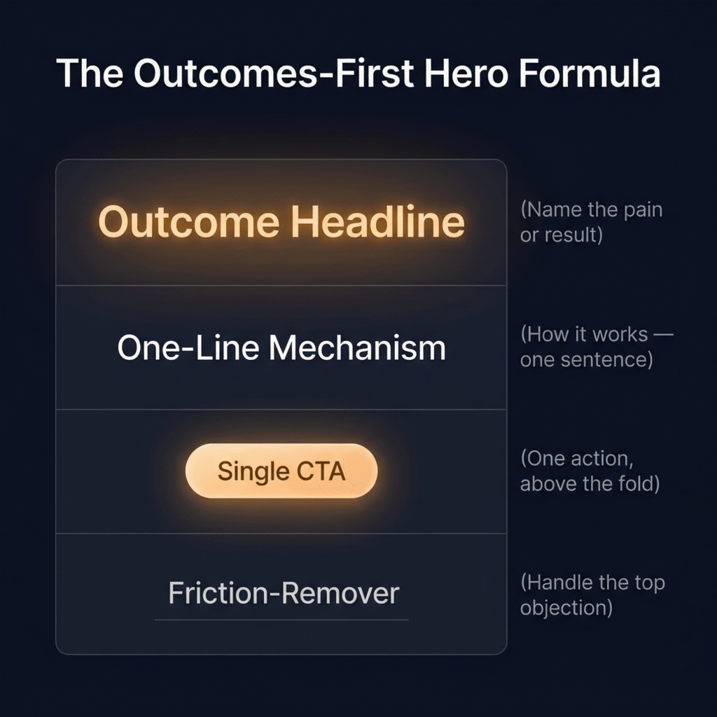 Infographic showing MAVAN's outcomes-first hero copy formula as a four-layer wireframe: Outcome Headline at top, One-Line Mechanism below, Single CTA button, and Friction-Remover at bottom — each with a brief descriptor on a dark background.