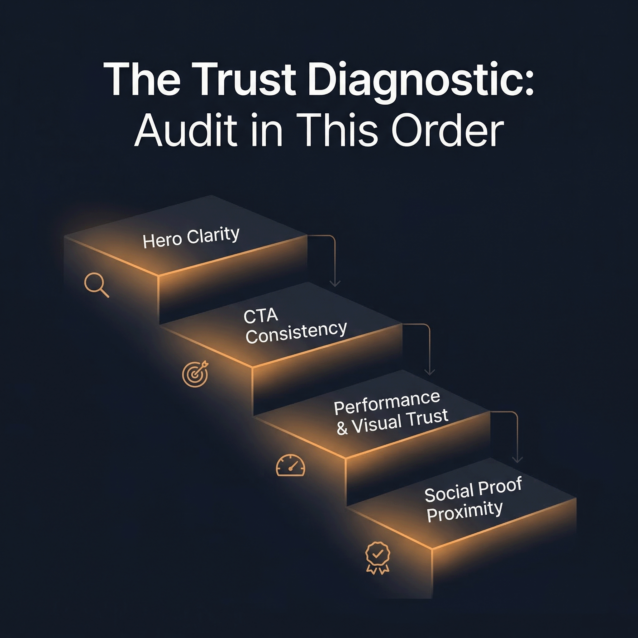 Infographic showing MAVAN's four-step website trust diagnostic sequence: Hero Clarity, CTA Consistency, Performance and Visual Trust, and Social Proof Proximity — arranged as a descending ladder on a dark background with amber accent lighting.