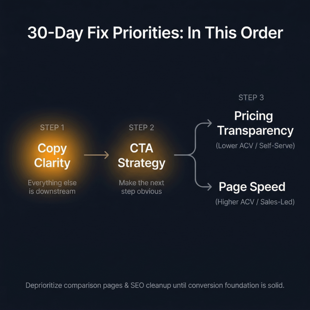 Infographic showing MAVAN's 30-day website fix priority sequence: Step 1 Copy Clarity, Step 2 CTA Strategy, Step 3 forks into Pricing Transparency for lower-ACV self-serve products or Page Speed for higher-ACV sales-led products, with a note to deprioritize comparison pages and SEO cleanup until the conversion foundation is solid.