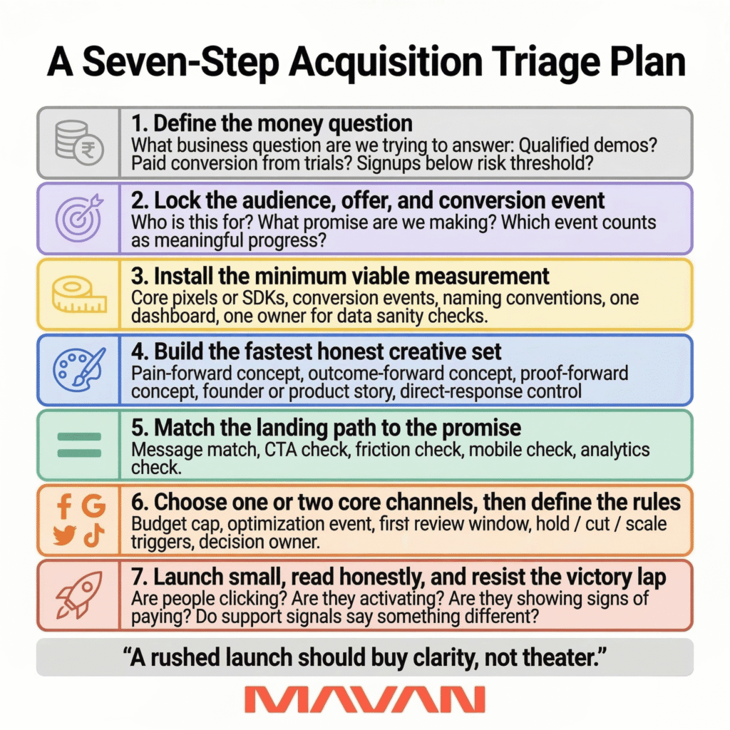 Infographic outlining a seven-step acquisition triage plan, from defining the money question and setting measurement to building creative, matching the landing path, choosing channels, and reading launch signals honestly.
