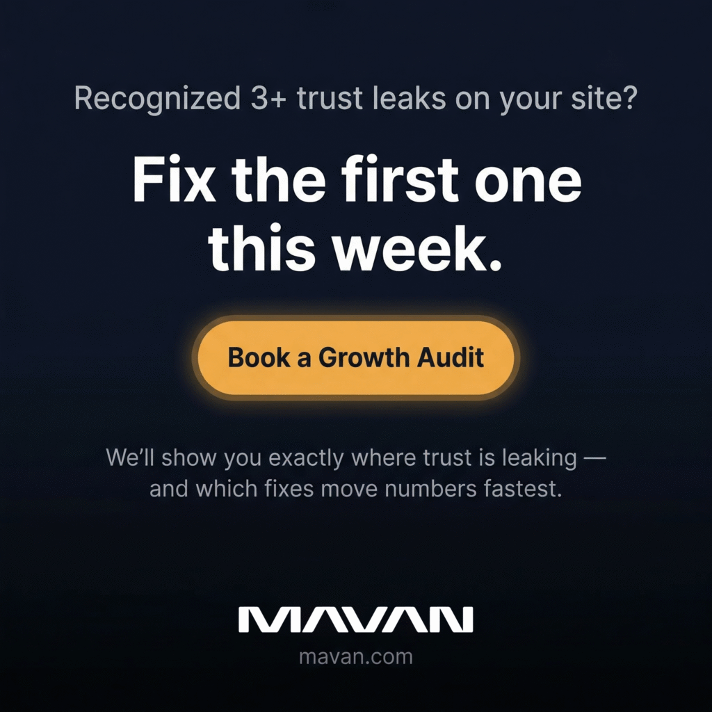 Carousel closing slide asking Recognized 3 or more trust leaks on your site with the headline Fix the first one this week, an amber call-to-action button reading Book a Growth Audit, and the MAVAN wordmark and URL at the bottom.