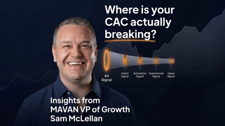 MAVAN VP of Growth Sam McLellan smiling beside a diagnostic funnel diagram showing five acquisition signal layers — Ad Signal, Intent Signal, Activation Signal, Commercial Signal, and Value Signal — with the headline 'Where is your CAC actually breaking?