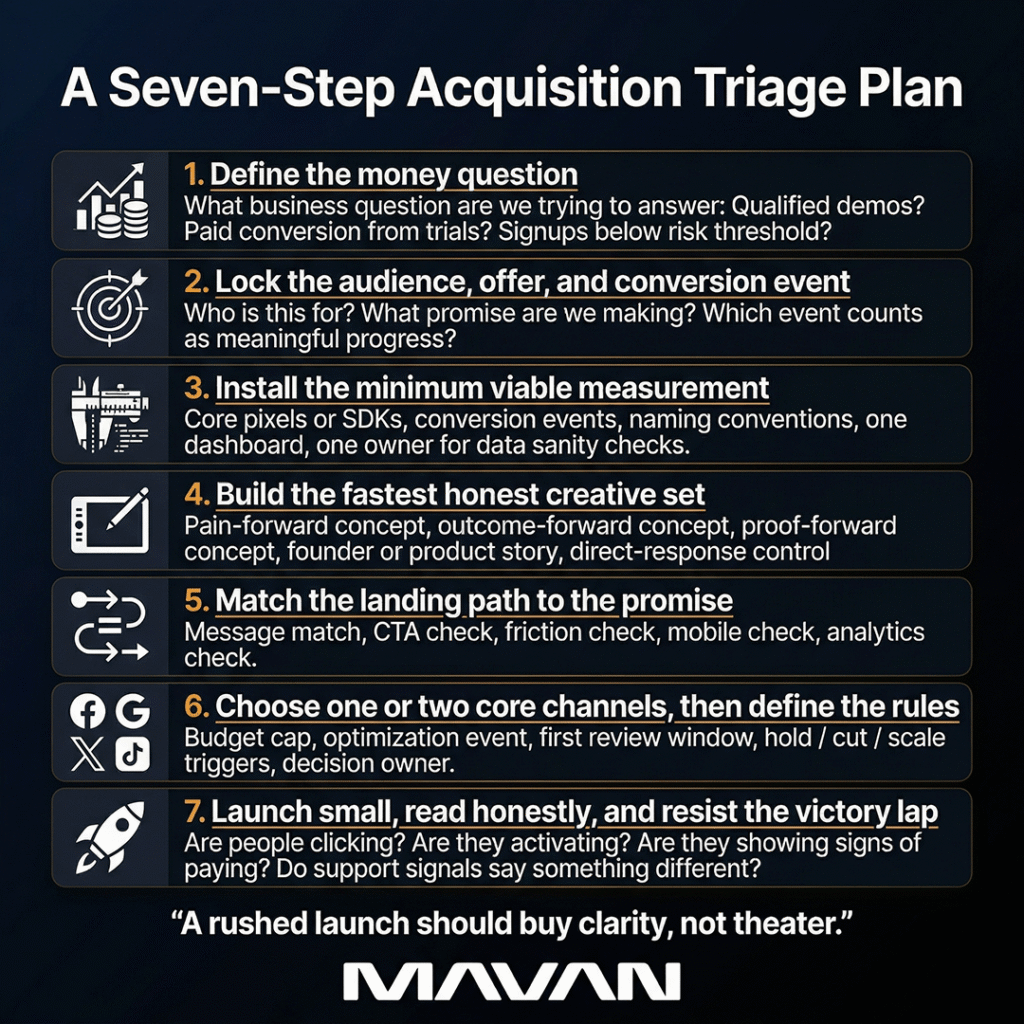 Alt text:
"Infographic: MAVAN's seven-step acquisition triage plan. Step 1, define the money question. Step 2, lock the audience, offer, and conversion event. Step 3, install minimum viable measurement. Step 4, build the fastest honest creative set. Step 5, match the landing path to the promise. Step 6, choose one or two core channels and define the rules. Step 7, launch small, read honestly, and resist the victory lap. Closing quote: A rushed launch should buy clarity, not theater.