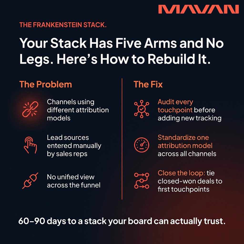 A light grey infographic titled "Your Stack Has Five Arms and No Legs. Here's How to Rebuild It." Two columns are divided by an orange vertical line. The left column, labeled "The Problem," lists three issues with simple icons: channels using different attribution models, lead sources entered manually, and no unified funnel view. The right column, labeled "The Fix," lists three remedies: audit every touchpoint first, standardize one attribution model across all channels, and tie closed-won deals back to first touchpoints. A bold stat at the bottom reads: "60–90 days to a stack your board can actually trust."