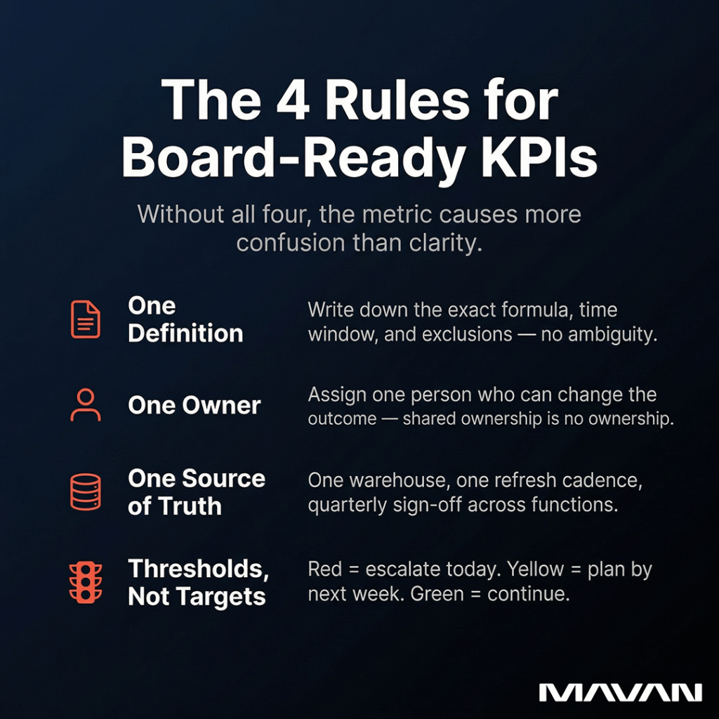 MAVAN infographic titled "The 4 Rules for Board-Ready KPIs" with the subtitle "Without all four, the metric causes more confusion than clarity." Four rows list each rule with an icon, bold label, and short description: One Definition — write down the exact formula, time window, and exclusions with no ambiguity; One Owner — assign one person who can change the outcome, because shared ownership is no ownership; One Source of Truth — one warehouse, one refresh cadence, quarterly sign-off across functions; Thresholds, Not Targets — red equals escalate today, yellow equals plan by next week, green equals continue.
