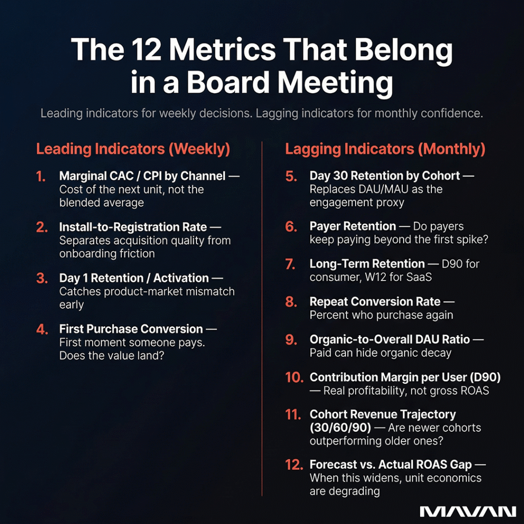 MAVAN infographic titled "The 12 Metrics That Belong in a Board Meeting" with the subtitle "Leading indicators for weekly decisions. Lagging indicators for monthly confidence." A two-column layout lists four weekly leading indicators on the left (Marginal CAC/CPI by Channel, Install-to-Registration Rate, Day 1 Retention/Activation, First Purchase Conversion) and eight monthly lagging indicators on the right (Day 30 Retention by Cohort, Payer Retention, Long-Term Retention, Repeat Conversion Rate, Organic-to-Overall DAU Ratio, Contribution Margin per User at Day 90, Cohort Revenue Trajectory at 30/60/90 days, Forecast vs. Actual ROAS Gap), each with a brief description.