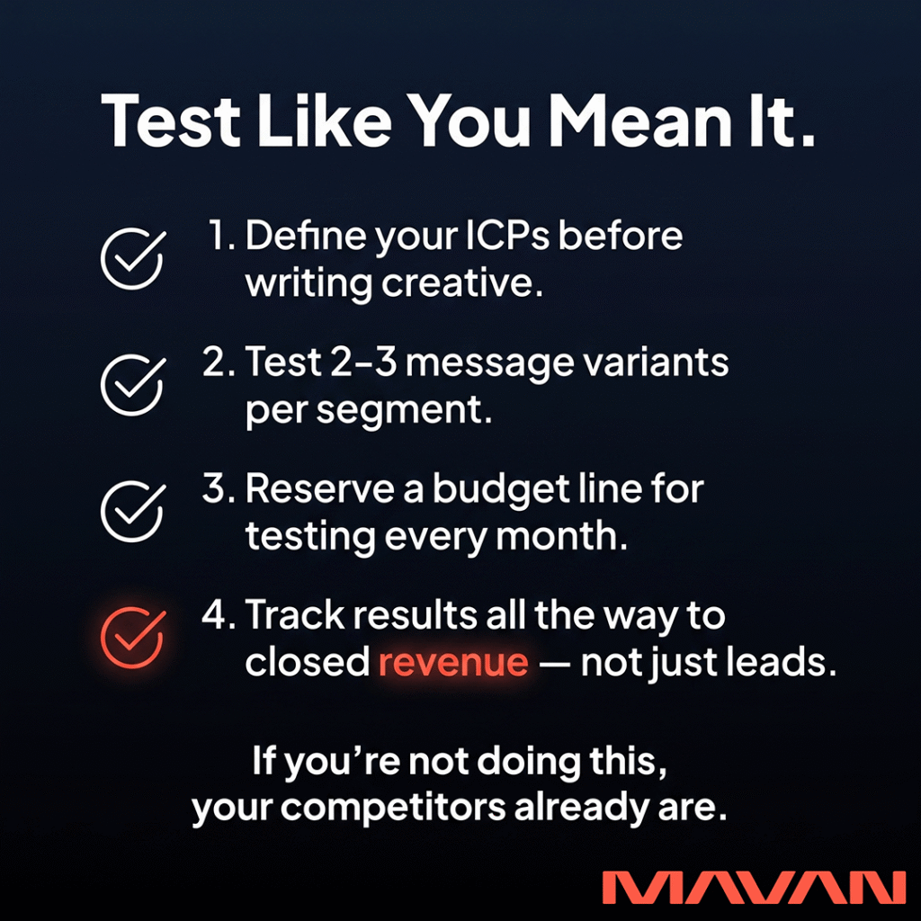 Infographic outlining a minimum viable B2B SaaS experimentation framework in four steps — defining ICPs before writing creative, testing two to three message variants per segment, reserving a dedicated budget line for testing every month, and tracking experiment results all the way to closed revenue rather than stopping at lead volume — with a note that competitors who already have this system in place are compounding an advantage every month it goes unbuilt.
