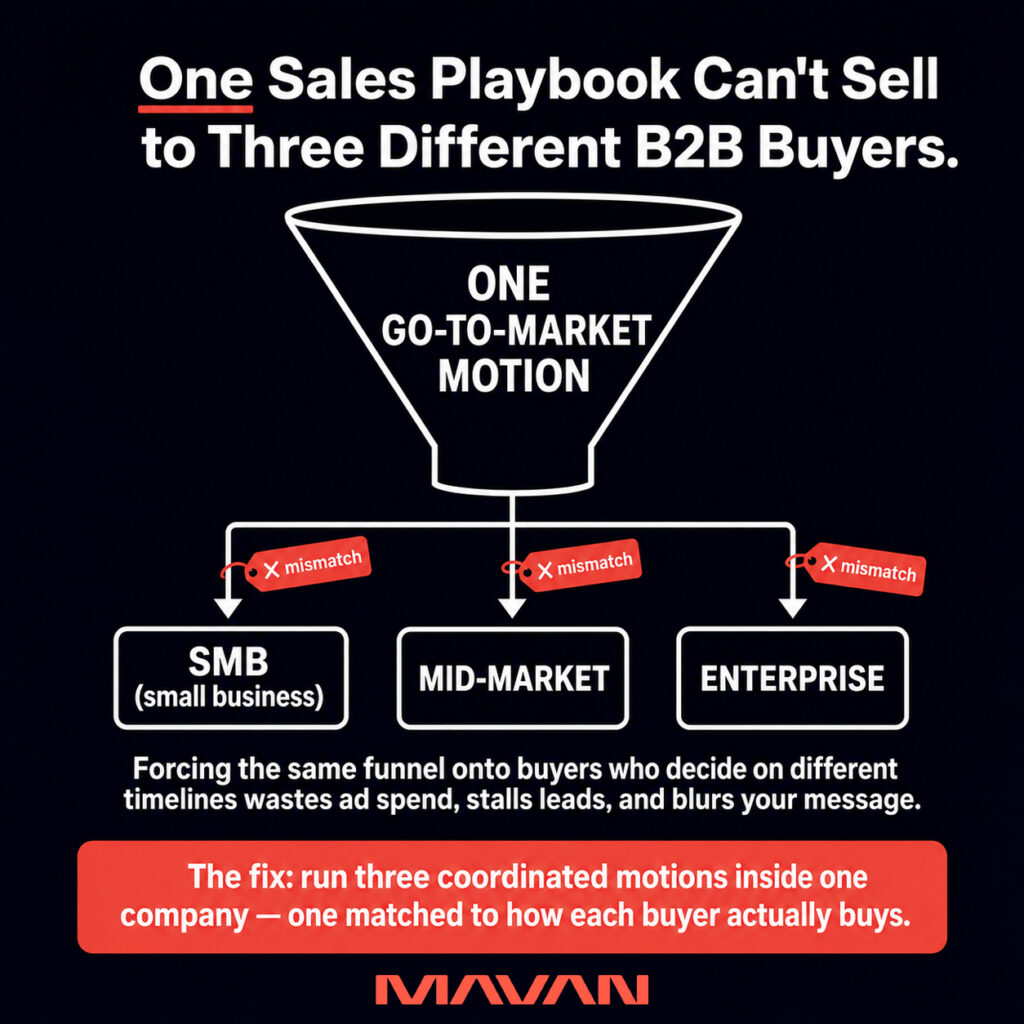 Square MAVAN summary graphic recapping why one go-to-market motion can't serve three B2B buyer types. A single funnel splits into SMB, Mid-Market, and Enterprise, each tagged "mismatch," illustrating that one funnel forced across buyers on different decision timelines wastes ad spend, stalls leads, and blurs messaging. The closing takeaway: the fix is running three coordinated motions inside one company, each matched to how that segment actually buys.
