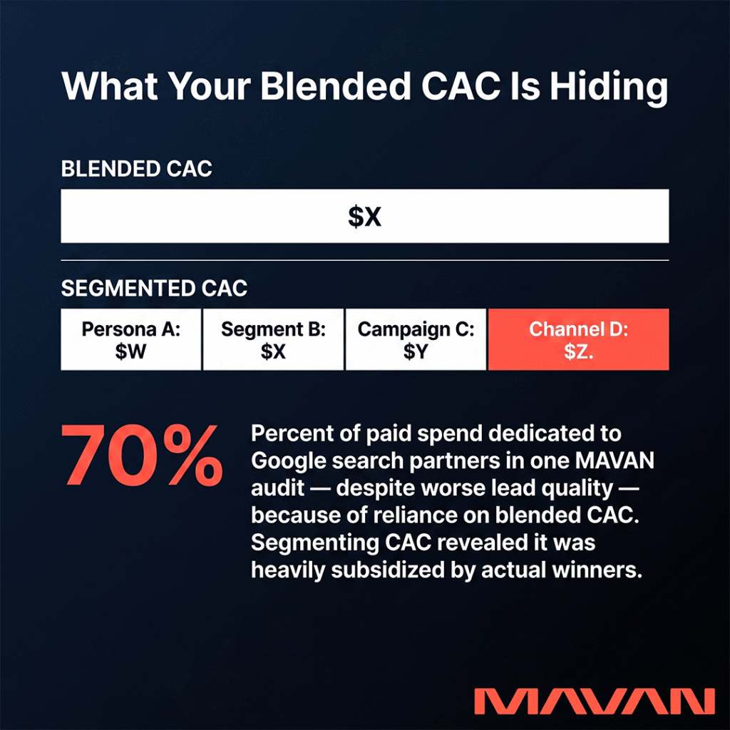 MAVAN infographic showing how blended CAC hides underperforming channels in B2B SaaS. A single white "Blended CAC" bar displays one averaged $X figure, contrasted against a "Segmented CAC" bar broken into four columns — Persona A, Segment B, Campaign C, and Channel D — with Channel D highlighted in coral red as the hidden underperformer. A 70% statistic illustrates how, in one MAVAN audit, paid spend was heavily dedicated to Google search partners despite worse lead quality, only revealed when CAC was segmented by placement.