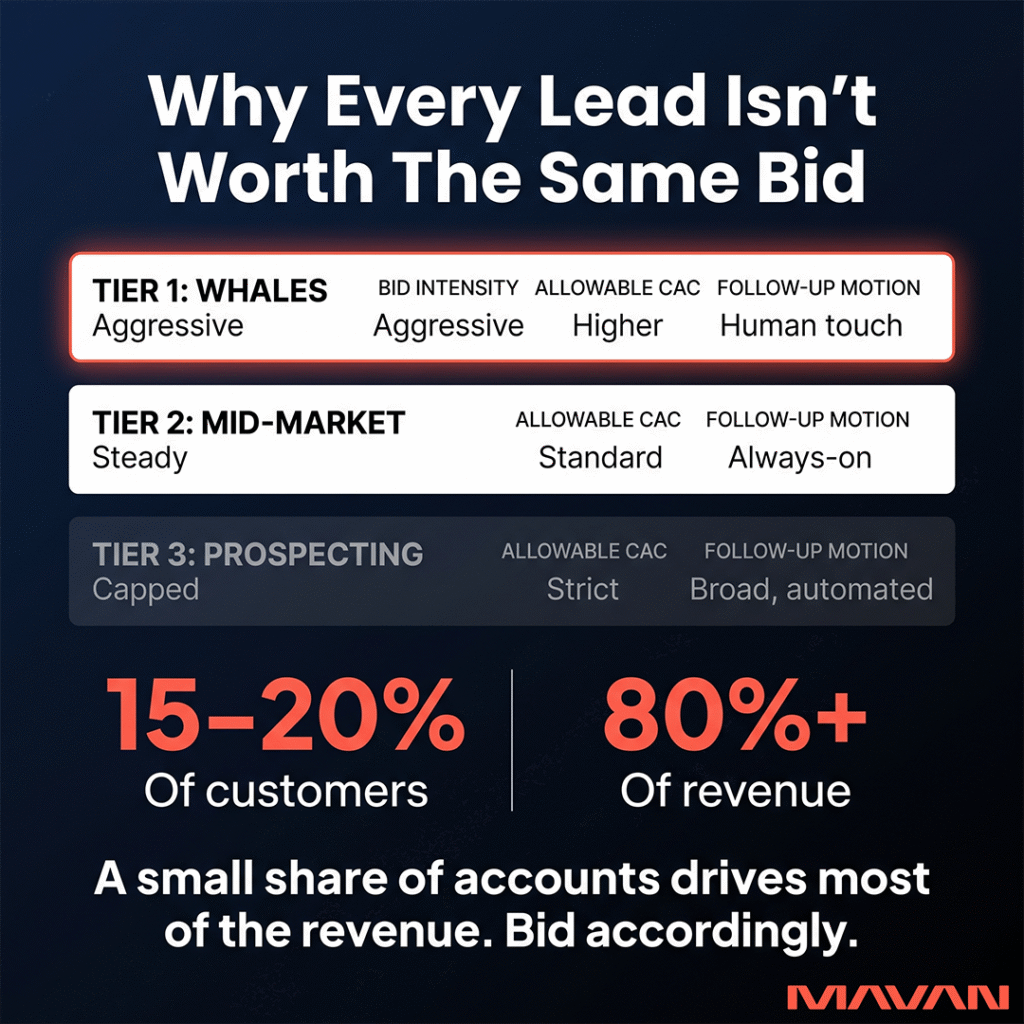 MAVAN infographic explaining the three-tier acquisition bidding structure for B2B SaaS, modeled on mobile gaming user acquisition discipline. Three equal-height bars display Tier 1 (Whales) with aggressive bid intensity, higher allowable CAC, and human touch follow-up, highlighted in coral red; Tier 2 (Mid-Market) with steady bidding, standard CAC, and always-on follow-up; and Tier 3 (Prospecting) with capped bidding, strict CAC, and broad automated follow-up. Coral red statistics show that 15–20% of customers drive 80%+ of revenue, reinforcing that a small share of accounts drives most of the revenue and bid strategy should reflect that distribution.