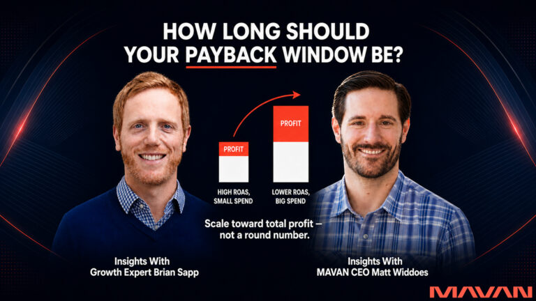 MAVAN featured graphic titled "How Long Should Your Payback Window Be?" on a deep navy-to-black background. Headshots of growth expert Brian Sapp and MAVAN CEO Matt Widdoes flank a central bar comparison: a short bar labeled "HIGH ROAS, SMALL SPEND" with a small coral-red profit block sits beside a taller bar labeled "LOWER ROAS, BIG SPEND" with a much larger coral-red profit block, joined by an upward coral arc. A sub-headline reads "Scale toward total profit — not a round number," illustrating that a lower return on ad spend at higher volume can clear more total profit.