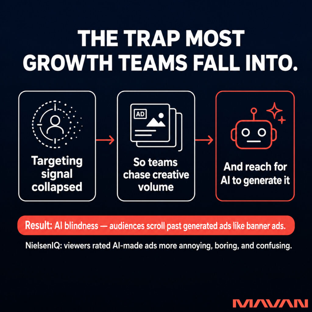 MAVAN problem infographic titled 'The Trap Most Growth Teams Fall Into,' on a dark navy background. Three cards linked by coral-red arrows show the chain: 'Targeting signal collapsed' (with a fading dotted user-target icon), 'So teams chase creative volume' (with stacked ad-card icons), and a red-outlined 'And reach for AI to generate it' (with a robot face and spark icon). A coral-red callout bar reads 'Result: AI blindness — audiences scroll past generated ads like banner ads.' A supporting line below states 'NielsenIQ: viewers rated AI-made ads more annoying, boring, and confusing.' The coral-red MAVAN logo appears in the bottom-right corner.