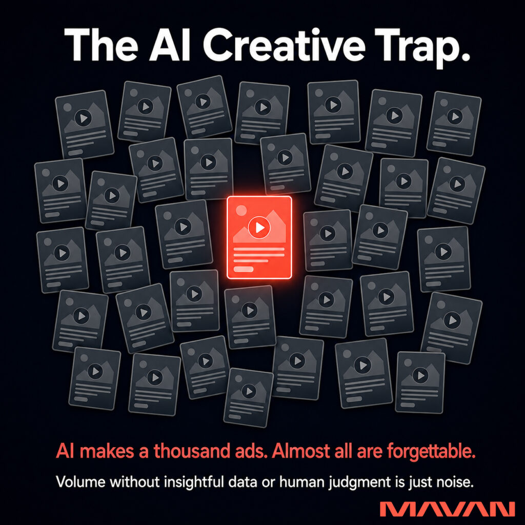 MAVAN problem infographic titled "The AI Creative Trap." on a deep navy-to-black background, showing a dense field of roughly forty dim, near-identical grey ad cards with a single glowing coral-red ad card standing out in the center. Beneath the grid, a coral-red line reads "AI makes a thousand ads. Almost all are forgettable." and a white sub-line reads "Volume without insightful data or human judgment is just noise." The graphic illustrates that high-volume AI creative output becomes noise without data and human judgment to surface the few assets that perform. The coral MAVAN logo appears in the bottom-right corner.