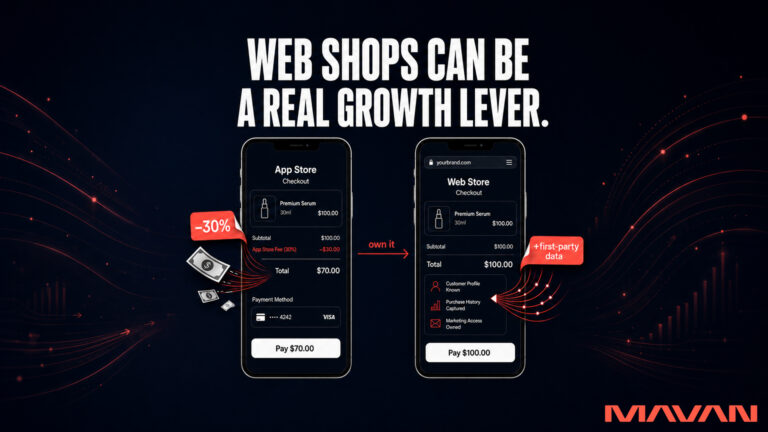 MAVAN featured graphic explaining why web shops can be a major growth lever for mobile games. Two smartphone checkout screens compare an app-store purchase with a branded web-store purchase. The app-store checkout shows a $100 premium serum purchase reduced to $70 after a 30% platform fee, illustrated by a coral-red “–30%” tag and money flowing away from the phone. A coral arrow labeled “own it” points toward the web-store checkout, where the full $100 purchase is retained and a “+first-party data” tag highlights ownership of the customer profile, purchase history, and marketing access. White headline reads, “Web shops can be a real growth lever,” above the comparison on a dark navy-to-black background with subtle coral data lines and the MAVAN logo.