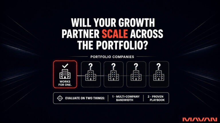 MAVAN featured graphic on a deep navy-to-black background with faint coral light streaks. Bold white headline reads "WILL YOUR GROWTH PARTNER SCALE ACROSS THE PORTFOLIO?" with "SCALE" in coral red. Beneath a divider labeled "PORTFOLIO COMPANIES," a row of five building tiles shows the first outlined in coral red with a checkmark and the label "WORKS FOR ONE.", while the next four are dim grey with a "?" above each, illustrating a growth partner that succeeds at one company but is unproven across the rest. A white bar below reads "EVALUATE ON TWO THINGS:" followed by "1 · MULTI-COMPANY BANDWIDTH" and "2 · PROVEN PLAYBOOK." Coral MAVAN logo in the lower right.