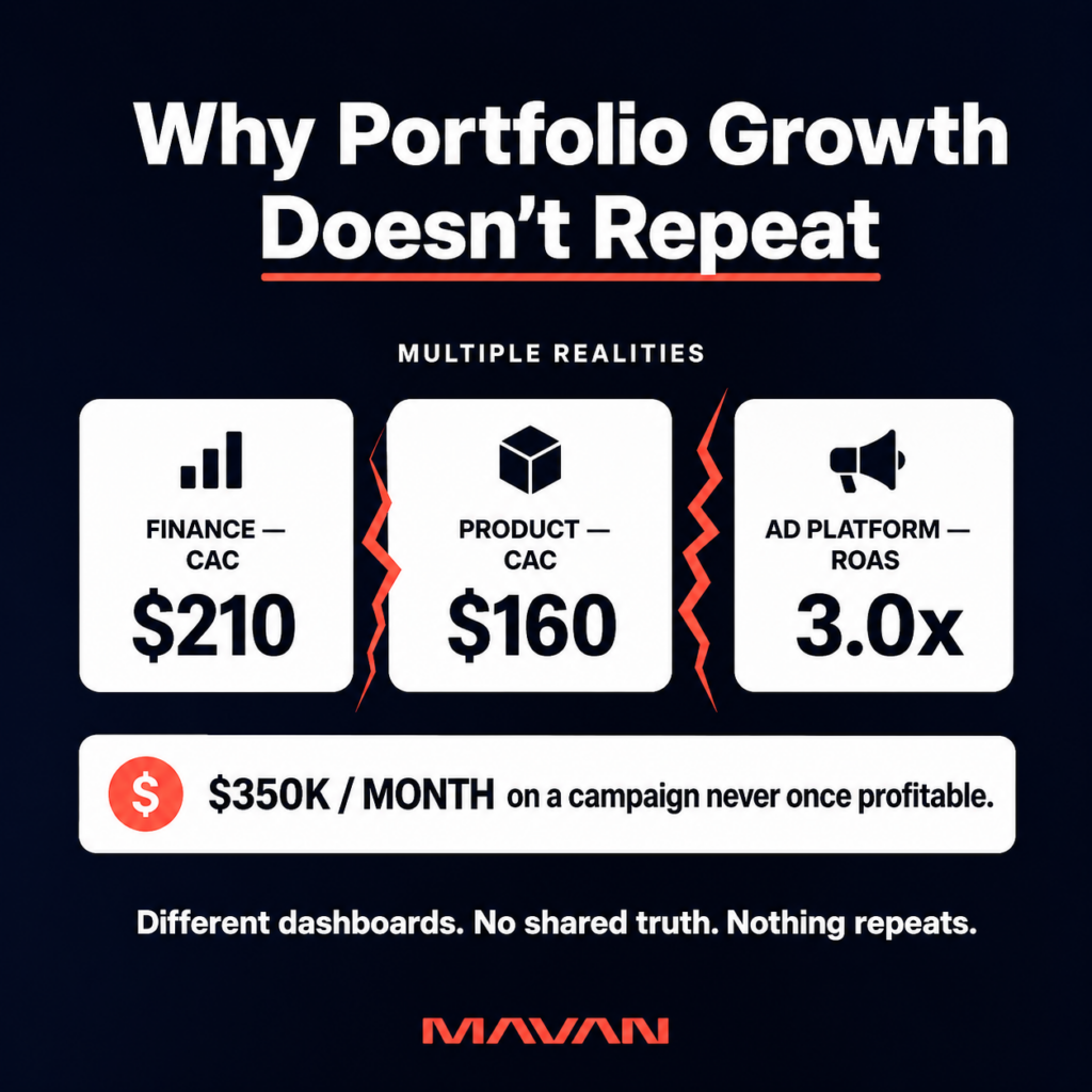 MAVAN infographic explaining why portfolio growth fails to repeat when teams operate from conflicting data. The headline reads “Why Portfolio Growth Doesn’t Repeat,” with “Doesn’t Repeat” underlined in coral red. Under the label “Multiple Realities,” three separate dashboard cards show contradictory performance metrics: Finance reports CAC of $210, Product reports CAC of $160, and the Ad Platform reports ROAS of 3.0x. Jagged coral-red cracks separate the dashboards to show that the numbers do not reconcile. A white callout highlights “$350K / MONTH on a campaign never once profitable,” followed by the warning: “Different dashboards. No shared truth. Nothing repeats.”