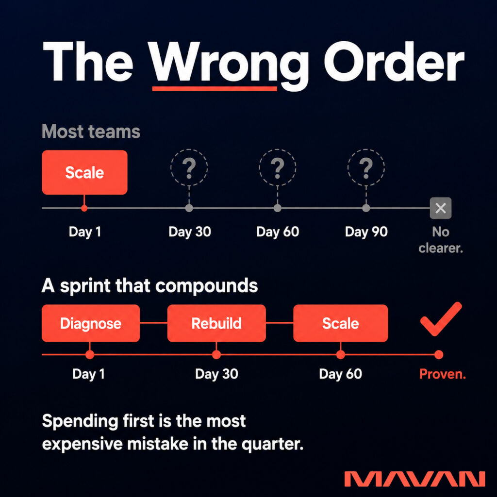 MAVAN infographic on a deep navy background titled 'The Wrong Order,' with 'Wrong' underlined in coral red. The top timeline, labeled 'Most teams,' opens with a coral 'Scale' block at 'Day 1,' followed by dashed question-mark circles at 'Day 30,' 'Day 60,' and 'Day 90,' ending in a grey '×' marked 'No clearer.' The bottom timeline, labeled 'A sprint that compounds,' runs coral 'Diagnose,' 'Rebuild,' and 'Scale' blocks across 'Day 1,' 'Day 30,' and 'Day 60' to a coral checkmark marked 'Proven.' The caption reads 'Spending first is the most expensive mistake in the quarter,' beside the coral 'MAVAN' logo.