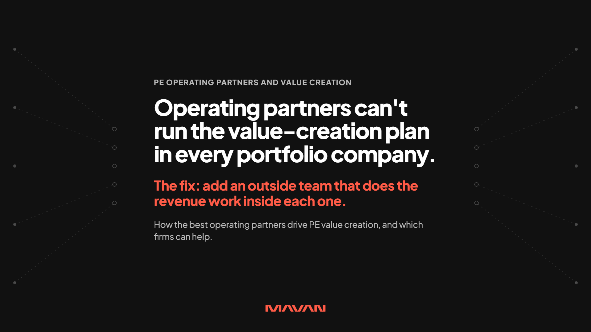 Featured image for an article on how private equity operating partners drive value creation. Centered white text on a black background says operating partners can’t run the value-creation plan in every portfolio company. Below it, orange text gives the fix: add an outside team that does the revenue work inside each one. A supporting line previews the article: how the best operating partners drive PE value creation, and which firms can help. Faint dotted lines on the left and right edges point toward the centered text. MAVAN logo at the bottom center.